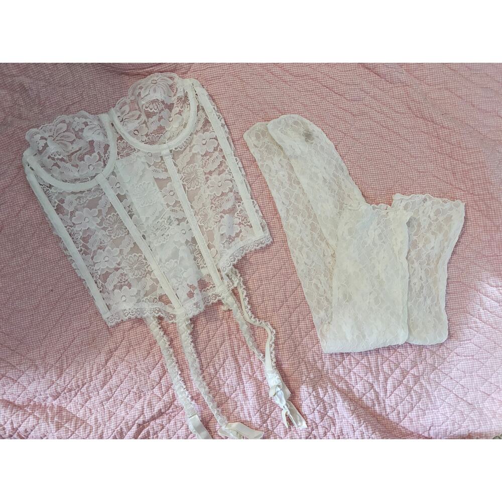 SOLD Vintage White Lace Corset Bustier Lingerie and Socks Size 32 Dolores